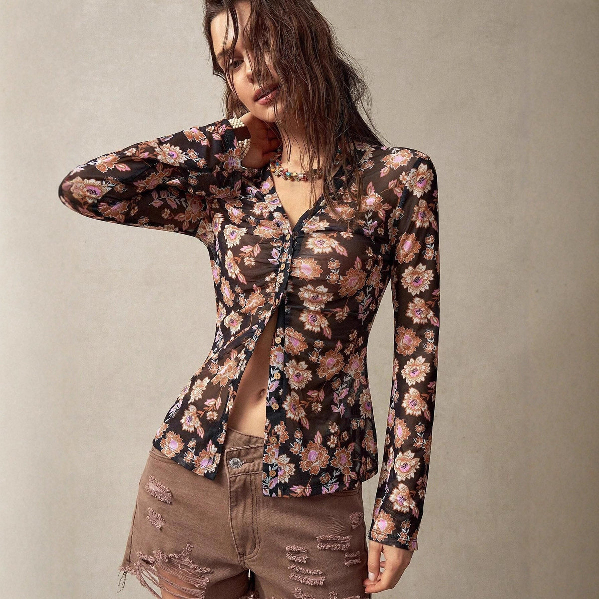 Women's Floral Print Long-Sleeve Top