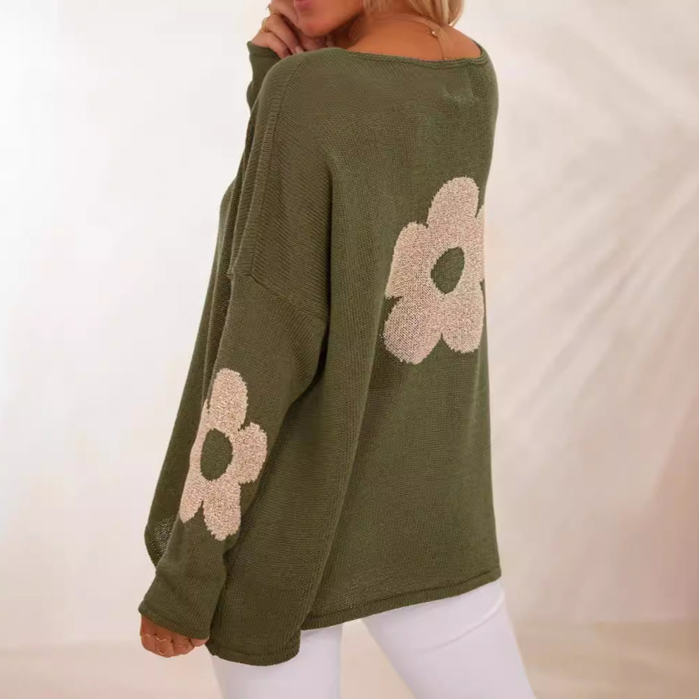 Women's Chunky Knit Sweater with Floral Design and Wide Fit