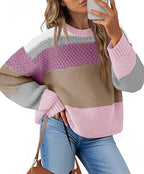 Women's Chunky Knit Sweater with Color Block Design and Oversized Fit