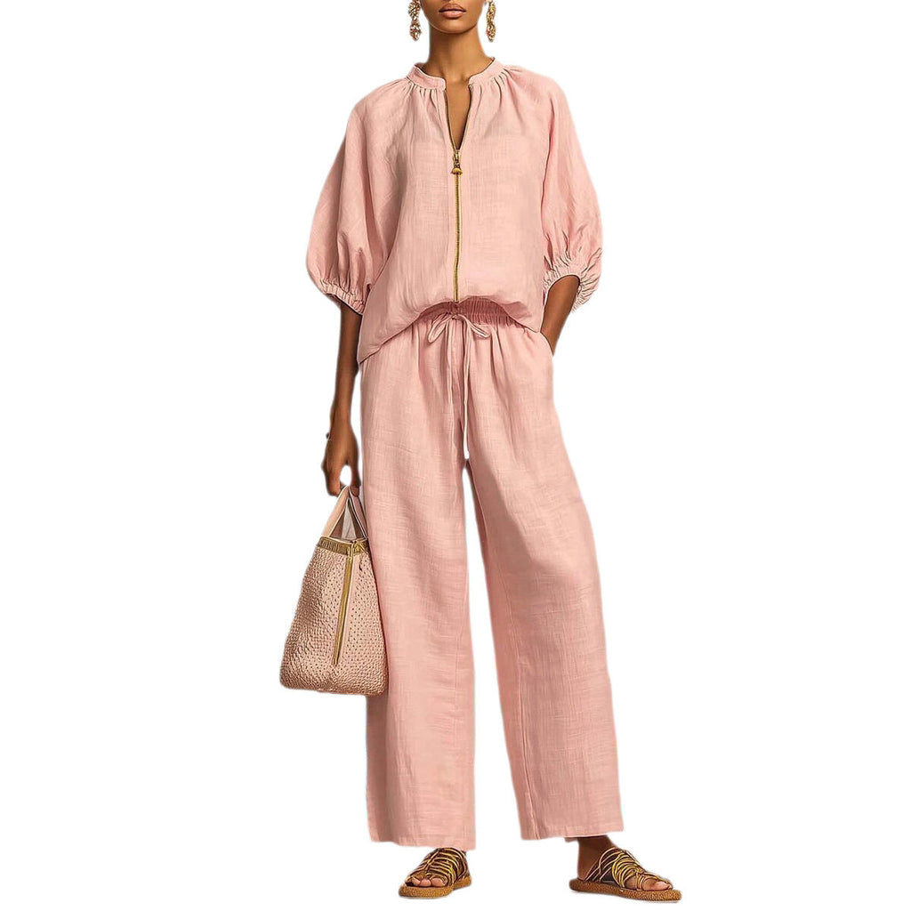 Women's Airy Two-Piece Set with Modern Collar and Zipper