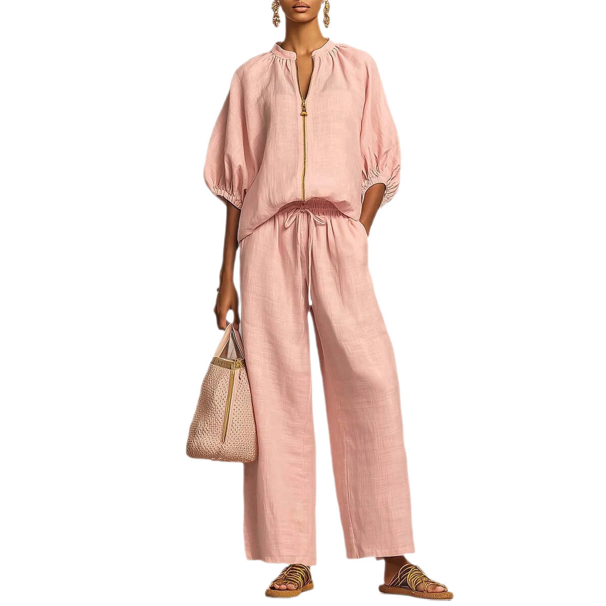 Women's Airy Two-Piece Set with Modern Collar and Zipper