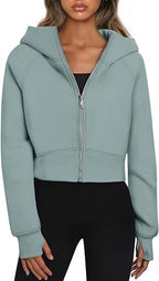 Women's Cropped Hoodie with Zipper and Elastic Hem