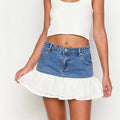 Women's Denim Skirt with Voluminous Ruffled Hem and Floral Detail