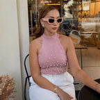 Women's Sleeveless Top with Decorative Pearl Details