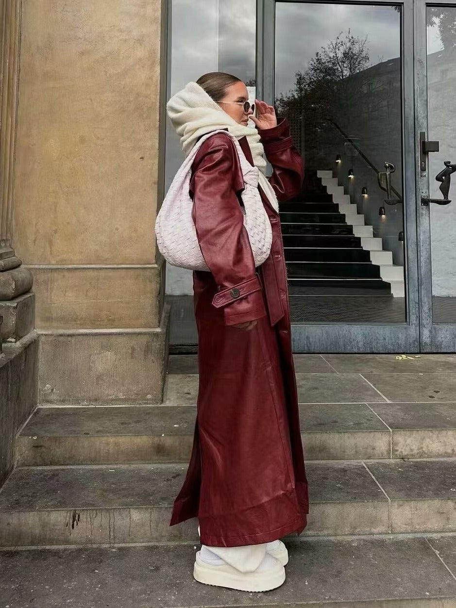 Women's Faux Leather Trench Coat with Belt and Chic Collar