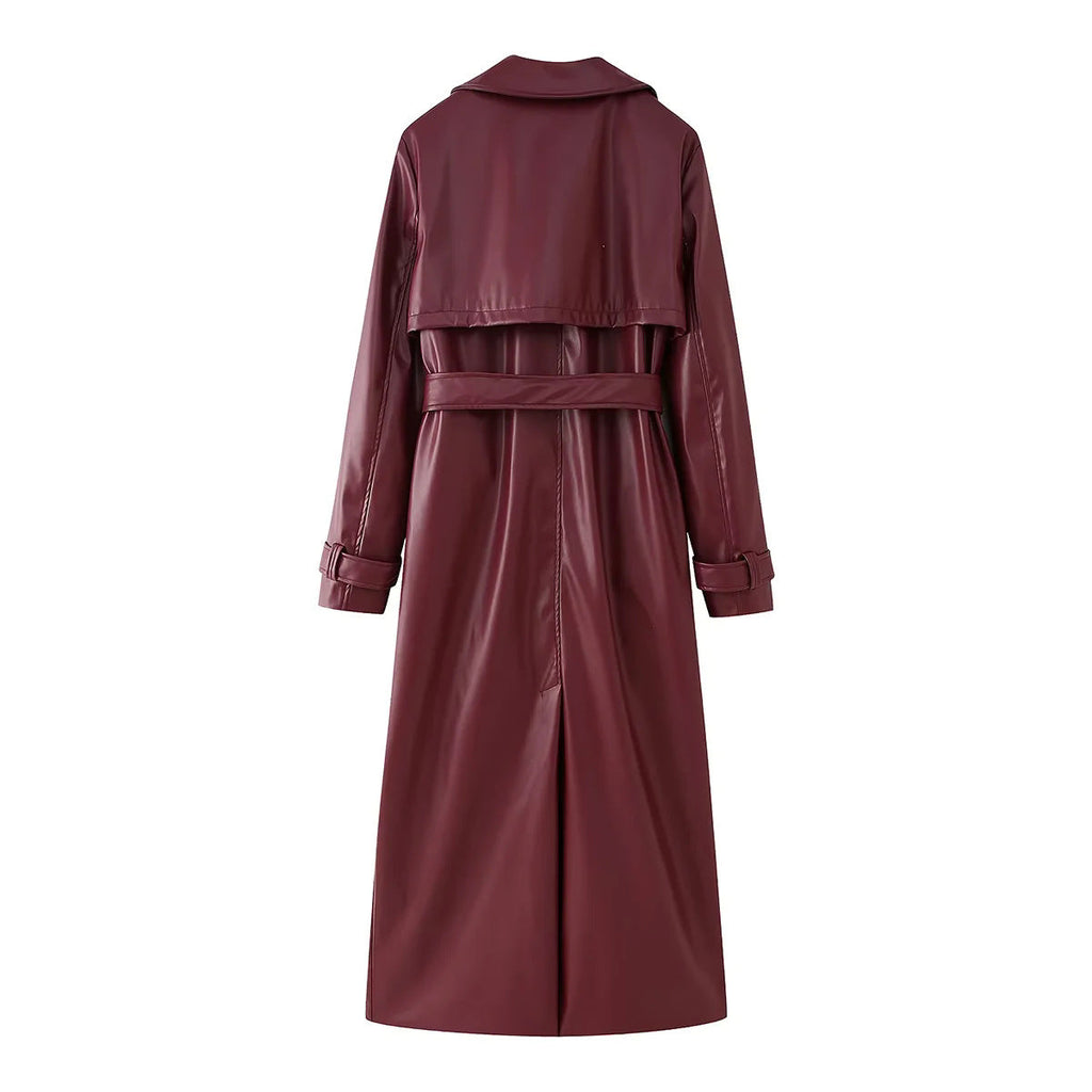 Women's Elegant Faux Leather Trench Coat with Belt
