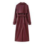 Women's Elegant Faux Leather Trench Coat with Belt