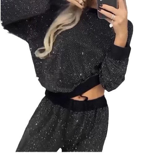 Women's Glitter Leisure Set with Cropped Sweater and Comfortable Pants