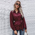 Elegant Satin Shirt Blouse with Waist Belt