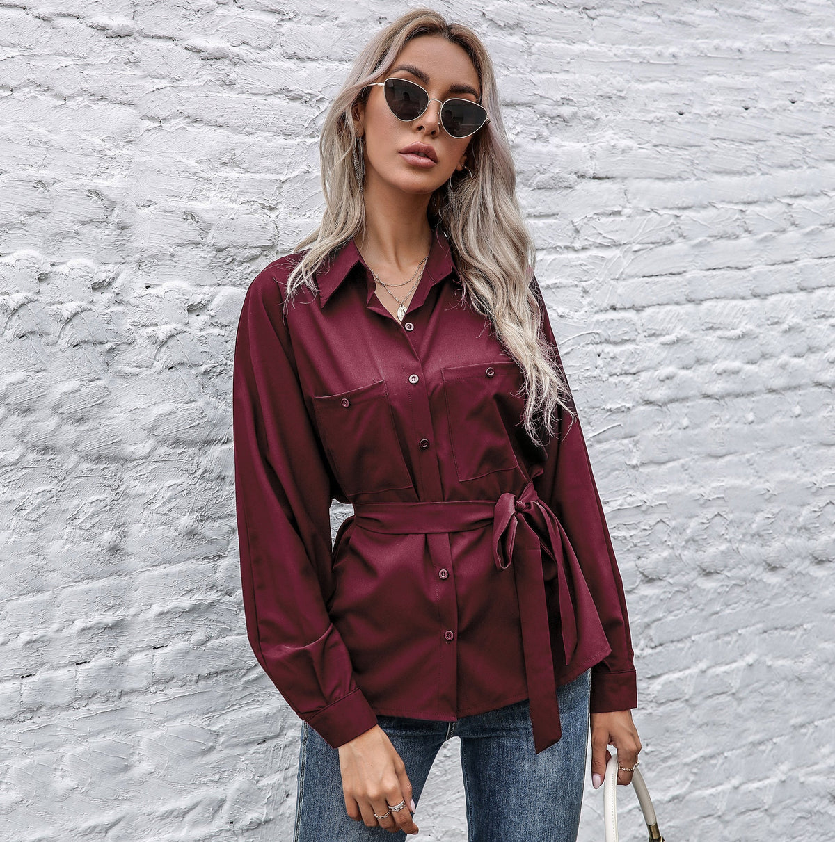 Elegant Satin Shirt Blouse with Waist Belt