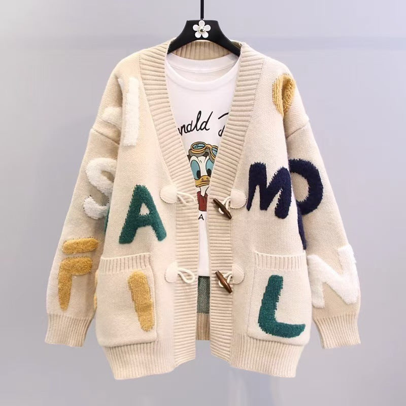 Women's Chunky Knit Cardigan with Colorful Accents and Large Pockets