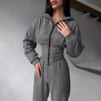 Women's Casual Utility Jumpsuit with High Collar and Zipper