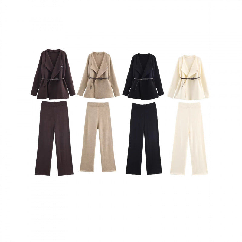 Women's Elegant Knit Set with Tailored Blazer and Wide-Leg Pants