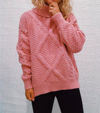 Women's Chunky Knit Sweater with Cable Pattern and High Collar