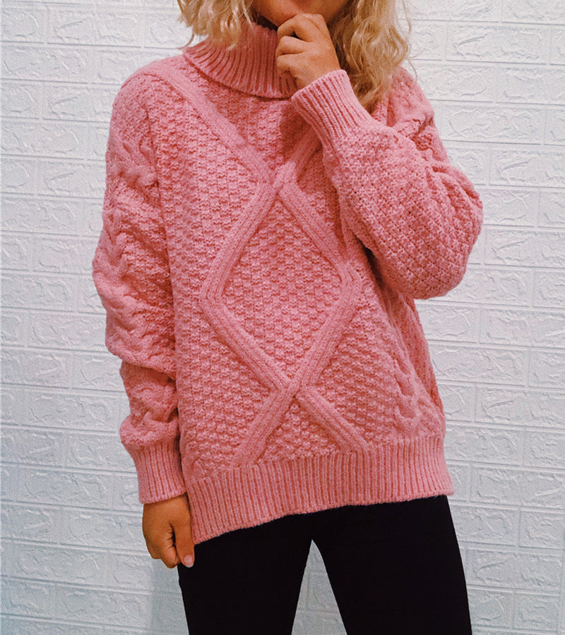 Women's Chunky Knit Sweater with Cable Pattern and High Collar