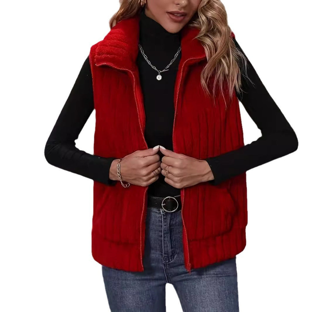Women's Fluffy Plaid Vest with Pockets