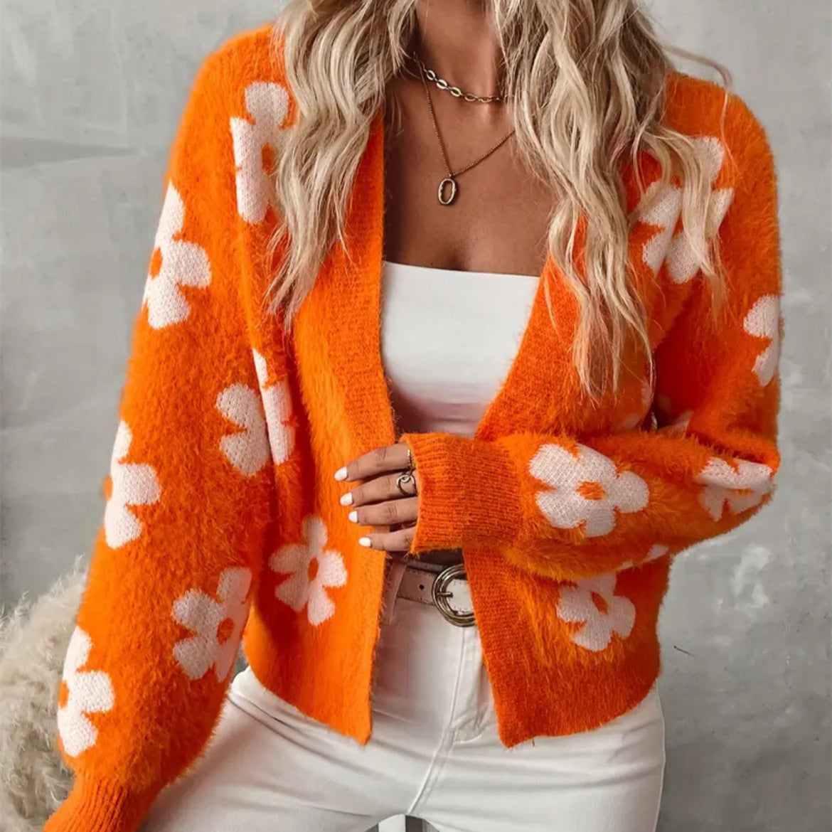 Women's Fluffy Cardigan with Floral Pattern