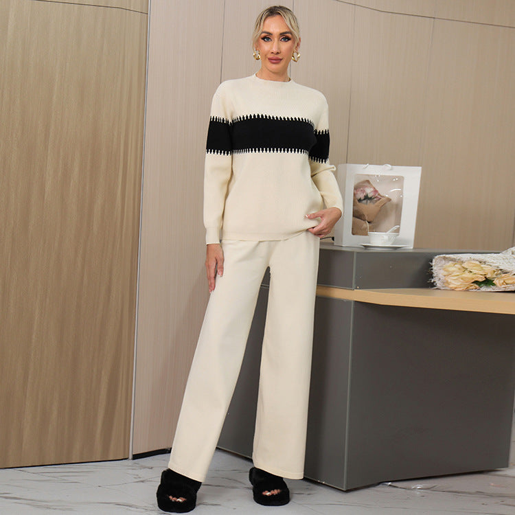 Women's Cozy Knit Loungewear Set with Textured Pattern and Wide Leg