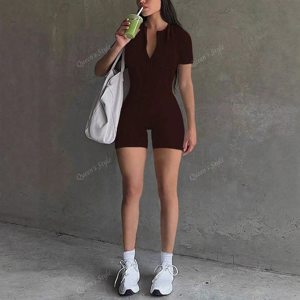Women's Short-Sleeve Bodycon Jumpsuit with Zipper