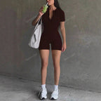 Women's Short-Sleeve Bodycon Jumpsuit with Zipper