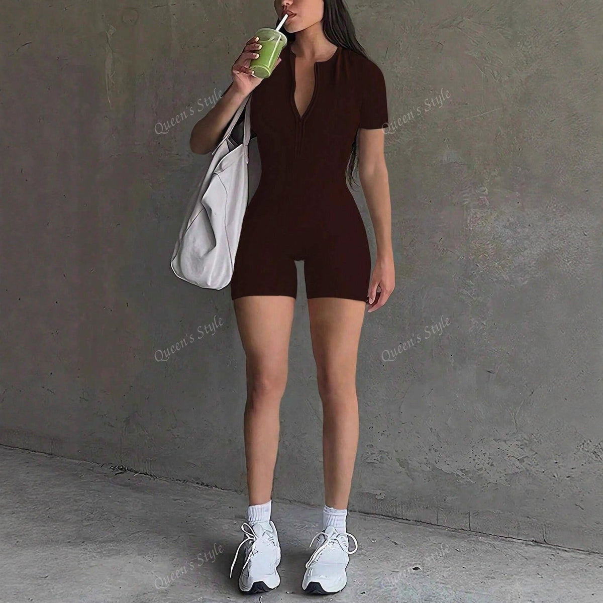 Women's Short-Sleeve Bodycon Jumpsuit with Zipper