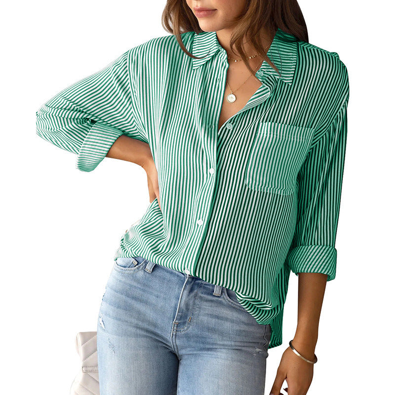 Casual Striped Shirt Blouse with Chest Pocket