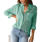 Casual Striped Shirt Blouse with Chest Pocket