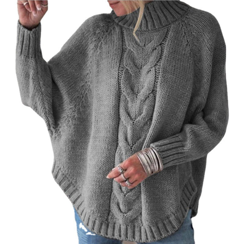 Women's Chunky Knit Sweater with Comfortable Stand-Up Collar and Cable Knit Pattern