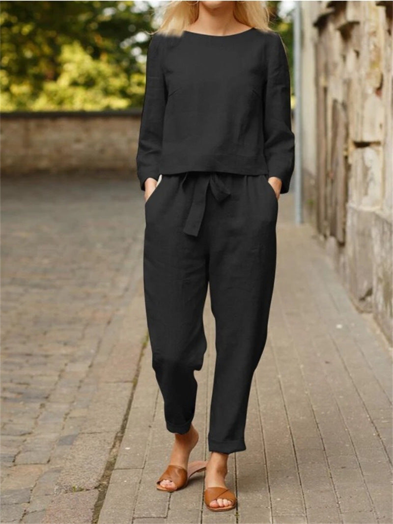 Women's Casual Two-Piece Linen Outfit with Wide Waistband