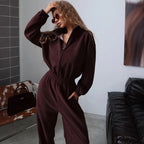 Women's Fleece Jumpsuit with High Collar and Side Zipper