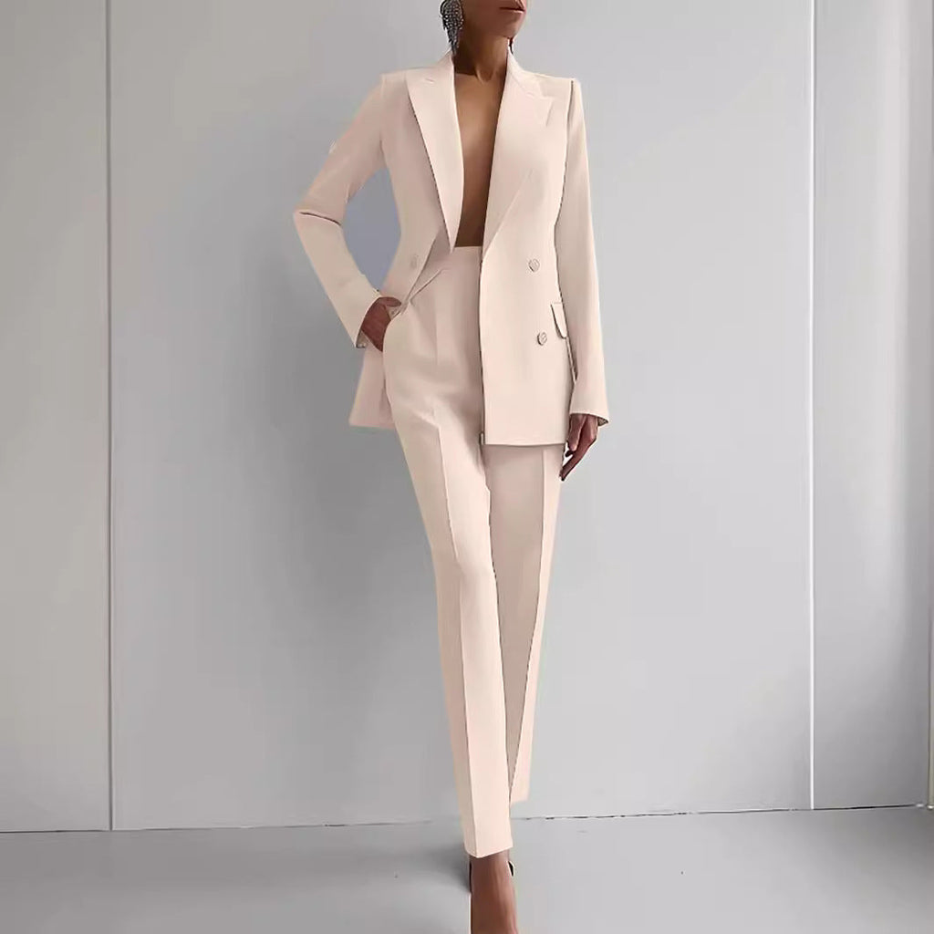 Women's Elegant Double-Breasted Blazer and Tailored Trousers