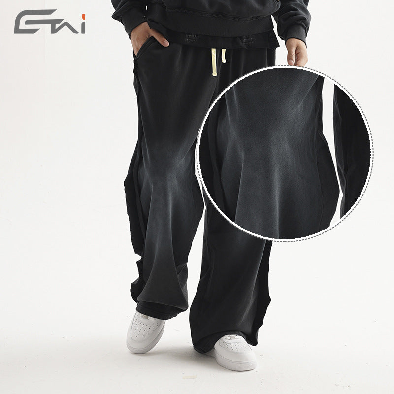 Men's Casual Sweatpants with High Waist, Elastic Drawstring, and Faded Knee Areas