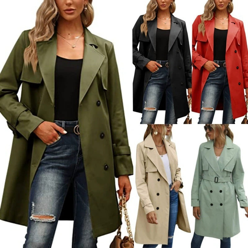 Women's Elegant Double-Breasted Trench Coat with Chic Collar