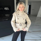 Women's Elegant Short Trench Coat with Double-Breasted Closure and Waist Belt