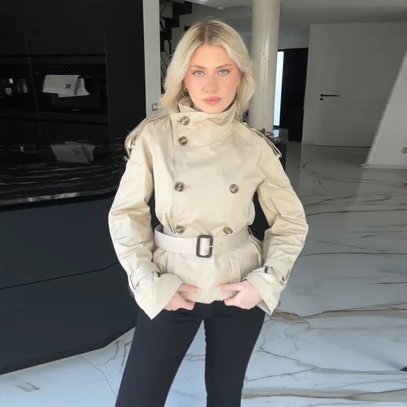 Women's Elegant Short Trench Coat with Double-Breasted Closure and Waist Belt