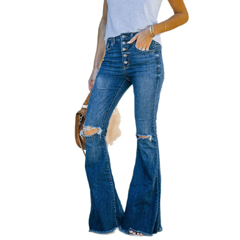 Women's Flared Jeans with Distressed Effects and Button Detail