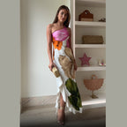 Women's Asymmetrical Maxi Dress with Floral Patterns and Ruffle Details