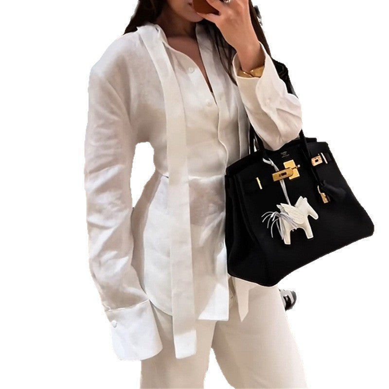 Casual Shirt Blouse Set with Tie Straps