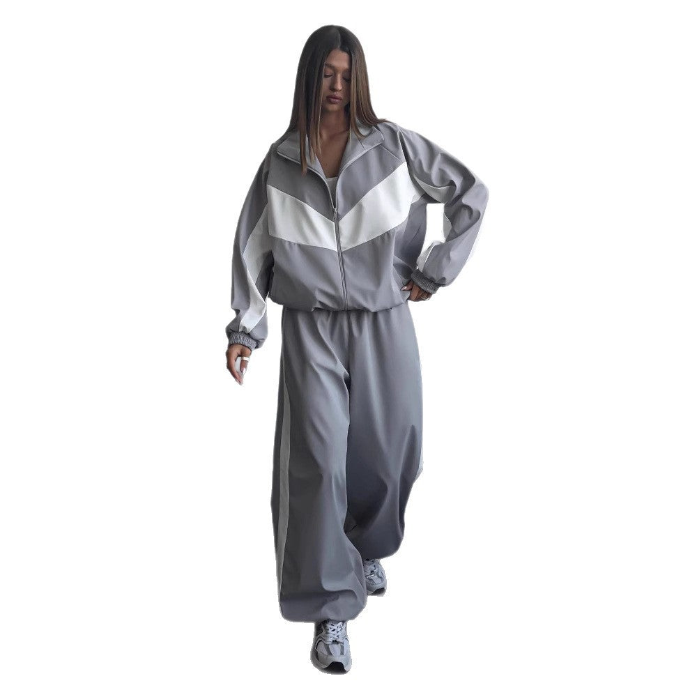 Women's Sporty Two-Piece Set with Track Jacket and Wide Pleated Pants
