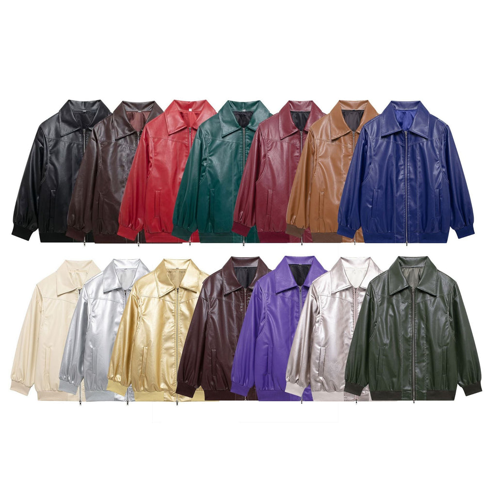 Women's Elegant Faux Leather Jacket with High Collar and Elastic Cuffs