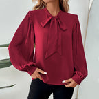Elegant Women's Blouse with Ruffle Details and Tie Neck