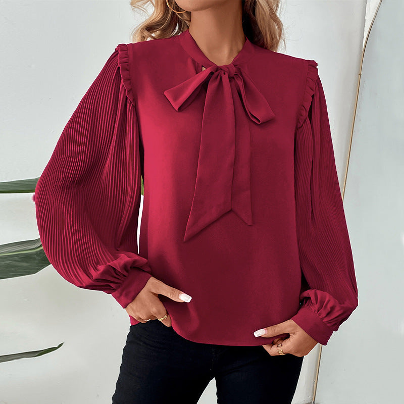 Elegant Women's Blouse with Ruffle Details and Tie Neck