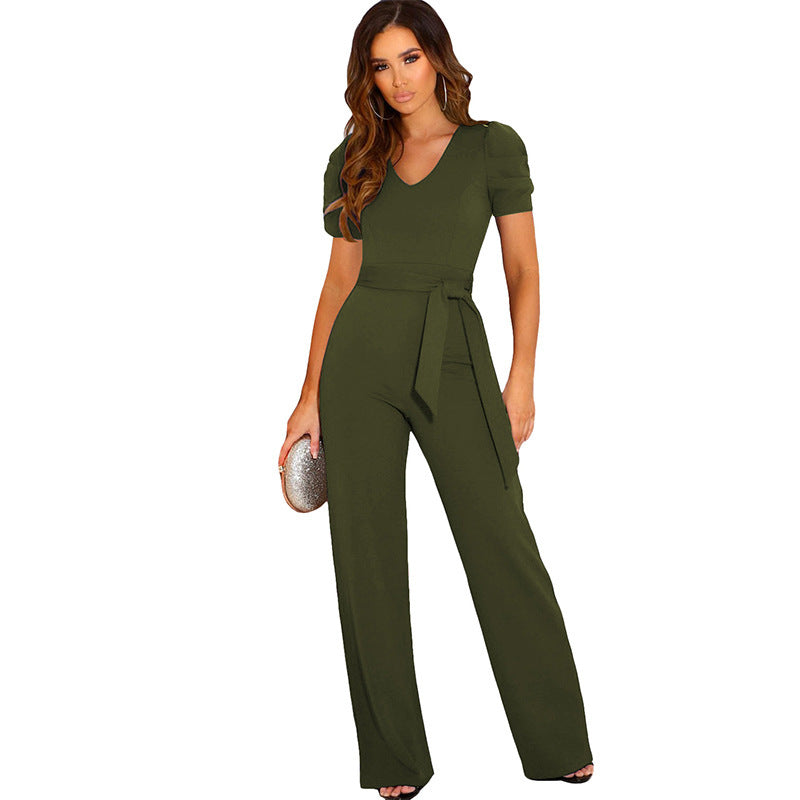 Elegant Women's Jumpsuit with Waist Belt and Puff Sleeves