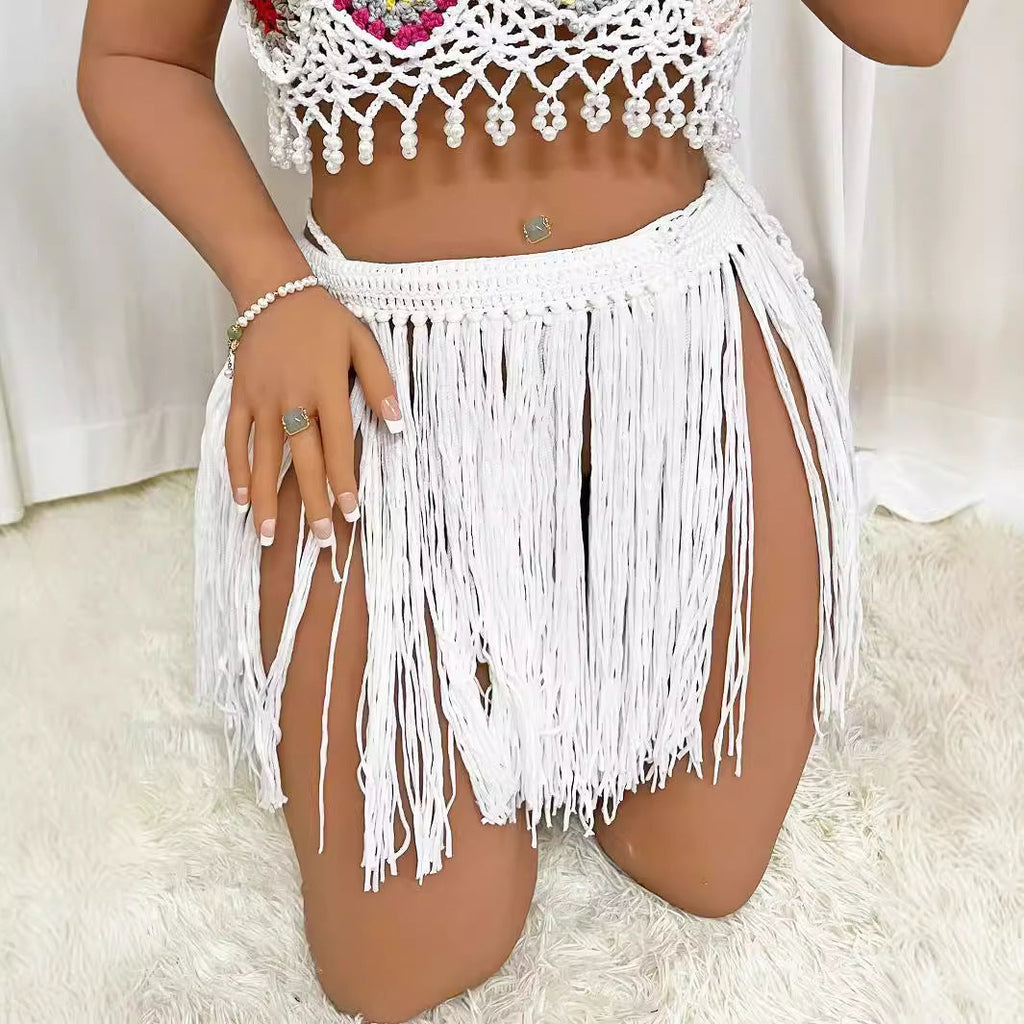Women's Trendy Crochet Mini Skirt with Fringe