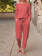 Women's Linen Set with Cropped Top and Elastic Waist