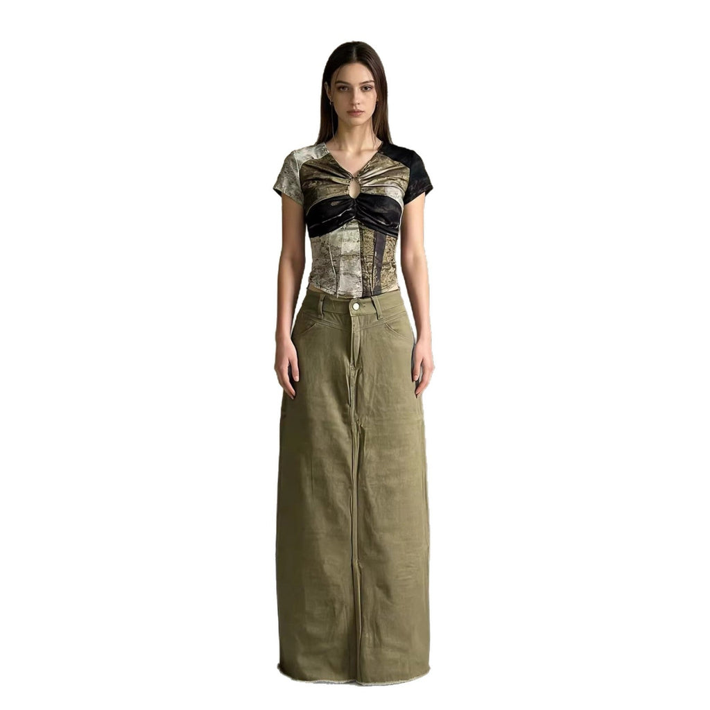 Women's High-Waisted Denim Maxi Skirt with Frayed Hem