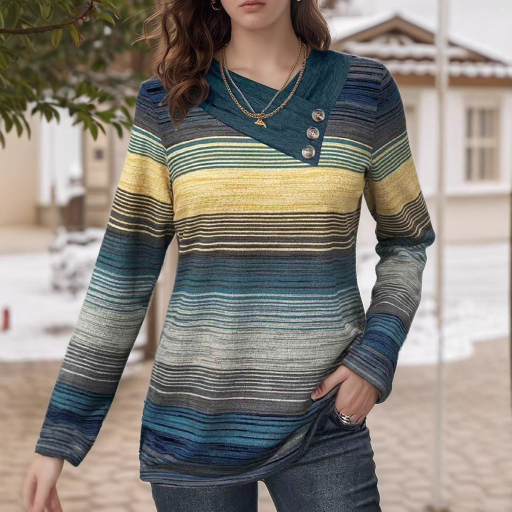 Women's Elegant Long-Sleeve Shirt with Modern Stripe Pattern and Button Details