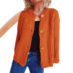 Women's Chunky Knit Cardigan with Balloon Sleeves and Decorative Buttons