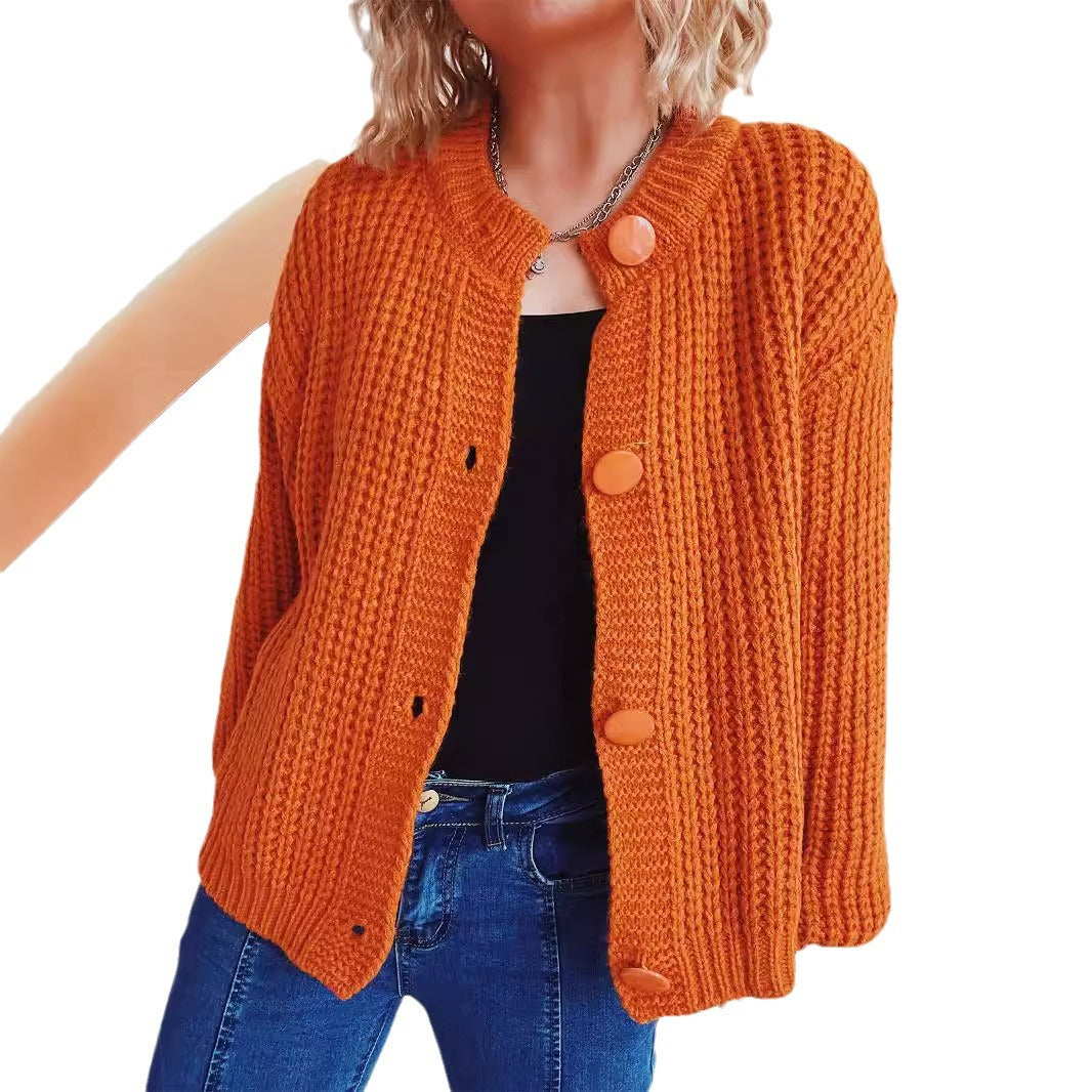 Women's Chunky Knit Cardigan with Balloon Sleeves and Decorative Buttons