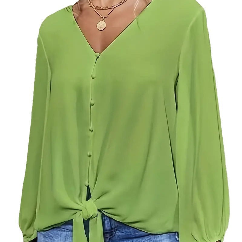 Elegant Women's Blouse with Knot Detail and V-Neck